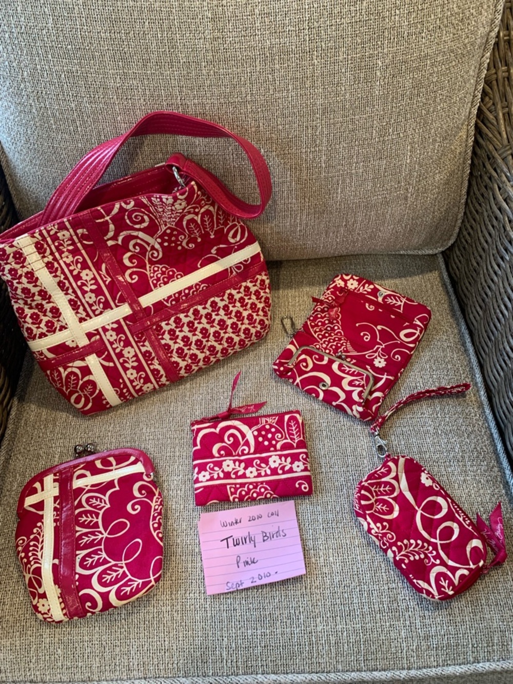 Vera Bradley Pink and Cream Quilted Crossbody Tote with Matching Pouches